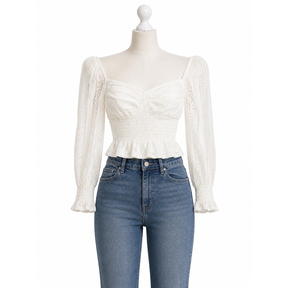 Charlotte Russe Lace Crop Top Women Medium Cream Smocked Puff Sleeve Cottagecore